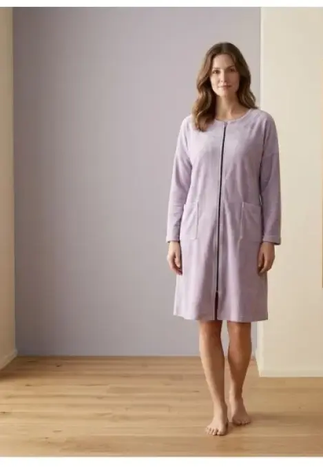 Halat Damă Roz Pudră din Catifea cu Fermoar și Buzunare – Engros