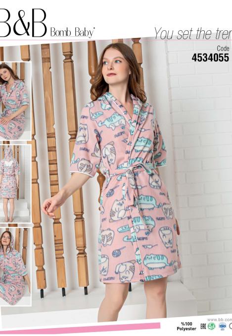 Halat dama polar cu maneca 3/4 cu pisici colorate, cu cordon,imprimeu fluture pe spate ,roz pudra Engros