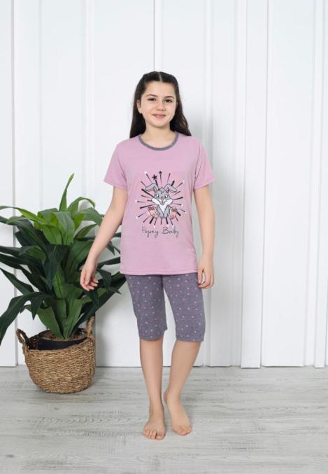 Pijama fetițe cu mânecă scurtă și pantalon 3/4,imprimeu Baby, mov ,Engros