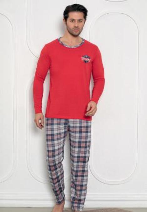 Pijama Bărbat , Mâneci Lungi și Pantaloni Lungi Asortați, Imprimeu ,,Academic'',Culoar Roșu,Engros