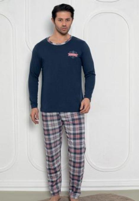 Pijama Bărbat , Mâneci Lungi și Pantaloni Lungi Asortați, Imprimeu ,,Academic'',Culoar Bleumarin,Engros