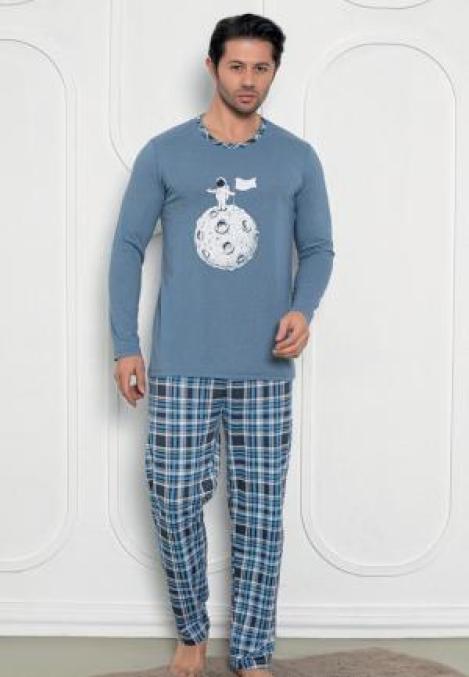 Pijama Bărbat , Mâneci Lungi și Pantaloni Lungi Asortați, Imprimeu Astronaut, Culoare Albastru ,Engros
