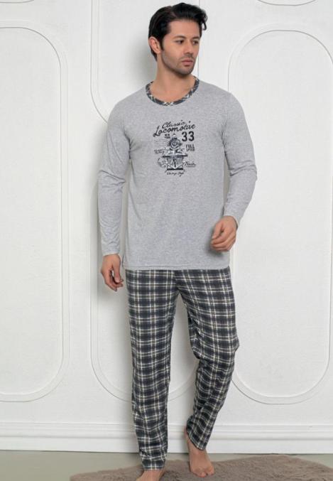 Pijama Bărbat, Mâneci Lungi și Pantaloni Lungi Asortați, Imprimeu Locomotivă, Culoare Gri ,Engros