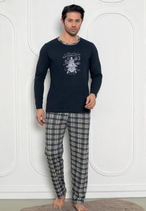 Pijama Bărbat, Mâneci Lungi și Pantaloni Lungi Asortați, Imprimeu Locomotivă, Culoare Negru, Engros