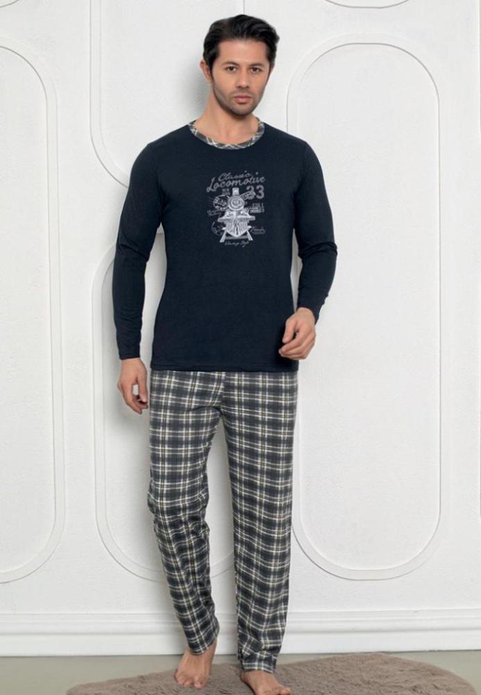 Pijama Bărbat, Mâneci Lungi și Pantaloni Lungi Asortați, Imprimeu Locomotivă, Culoare Negru, Engros