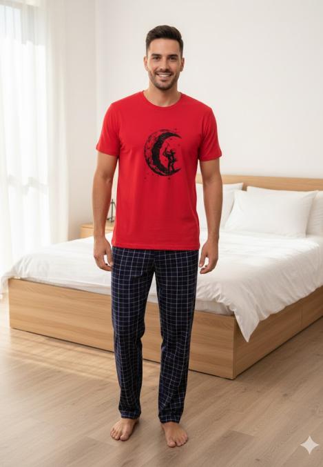 Pijama de barbati ,maneca scurta si pantalon lung,culoare rosu,Engros