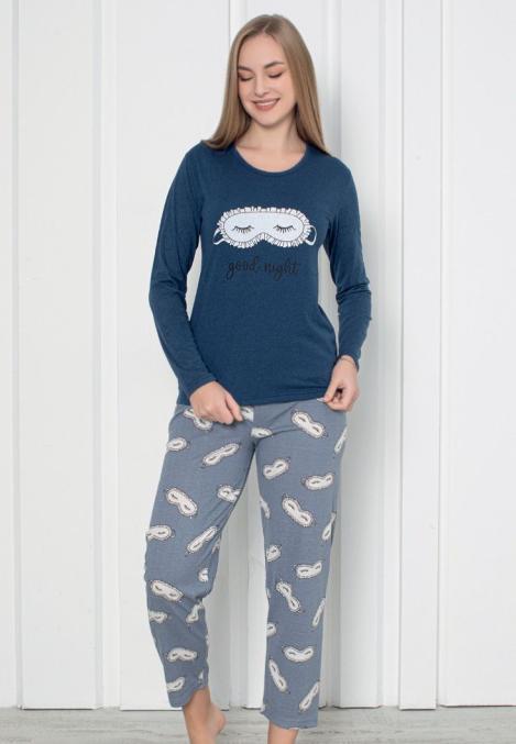 Pijama damă cu mânecă lungă și pantaloni lungi, imprimeu ,,Good Night Bleumarin, Engros