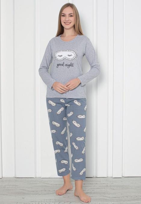 Pijama damă cu mânecă lungă și pantaloni lungi, imprimeu ,,Good Night'', culoare gri, Engros