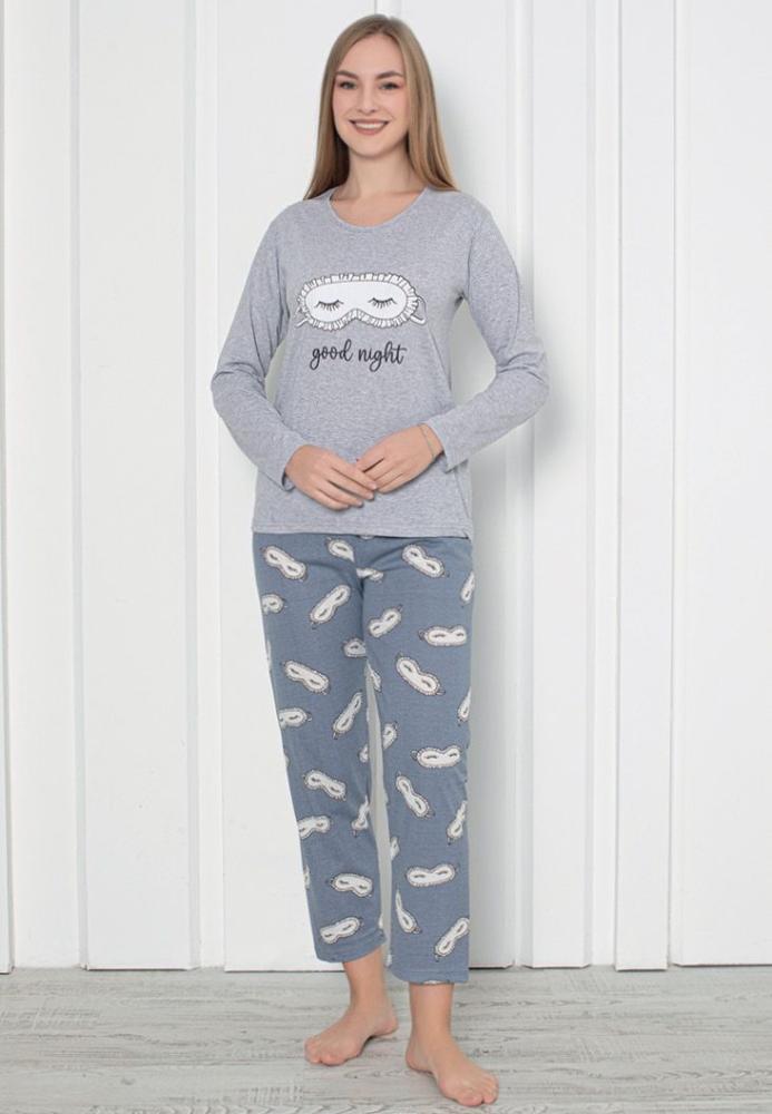 Pijama damă cu mânecă lungă și pantaloni lungi, imprimeu ,,Good Night'', culoare gri, Engros