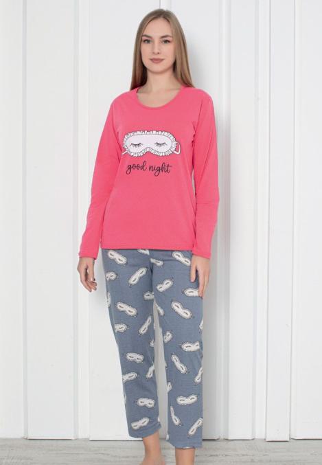 Pijama damă cu mânecă lungă și pantaloni lungi, imprimeu ,,Good Night, Engros