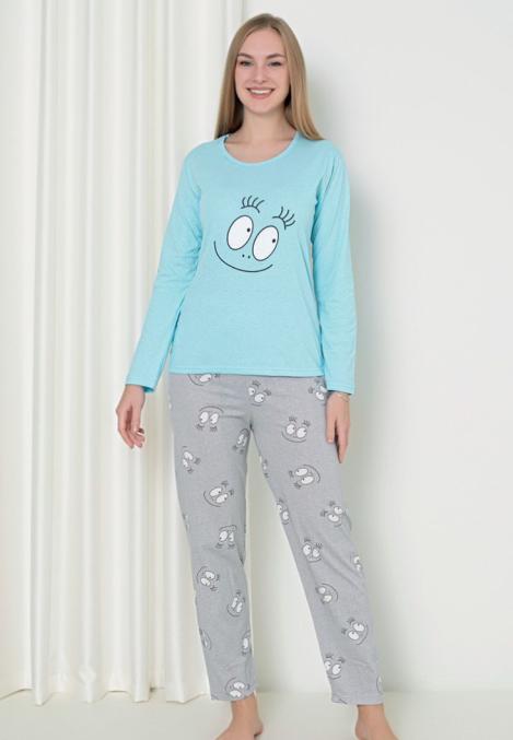 Pijama damă cu mânecă lungă și pantaloni lungi, imprimeu ,,Happy Face'', culoare albastru, Engros
