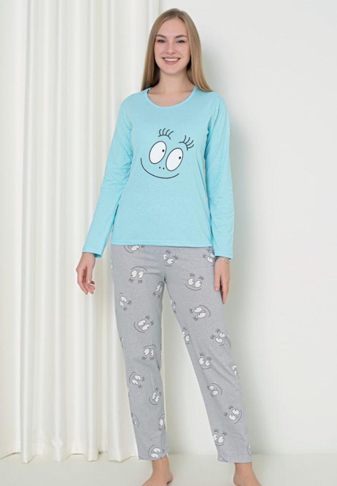 Pijama damă cu mânecă lungă și pantaloni lungi, imprimeu ,,Happy Face'', culoare albastru, Engros
