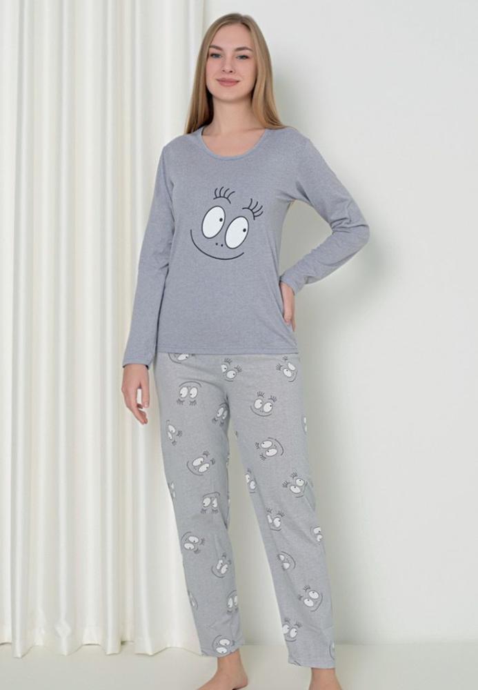 Pijama damă cu mânecă lungă și pantaloni lungi, imprimeu ,,Happy Face'', culoare gri, Engros
