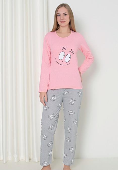 Pijama damă cu mânecă lungă și pantaloni lungi, imprimeu ,,Happy Face'', culoare roz, Engros