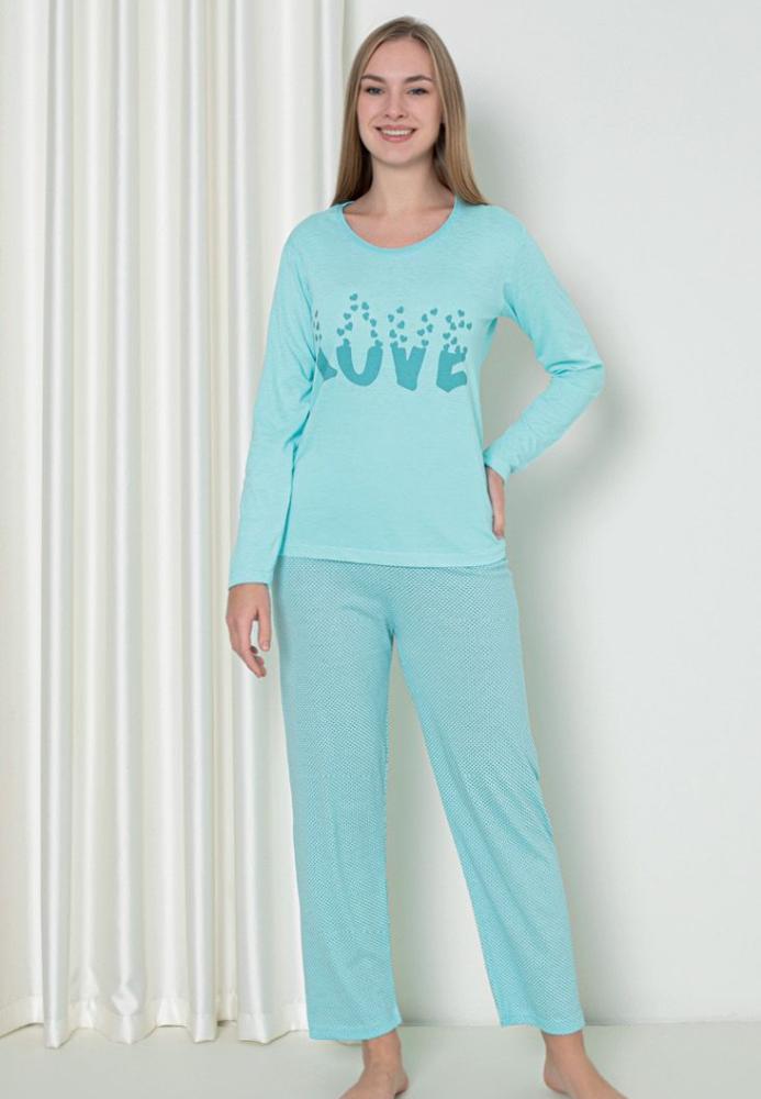 Pijama damă cu mânecă lungă și pantaloni lungi, imprimeu ,,Love'', culoare albastru, Engros