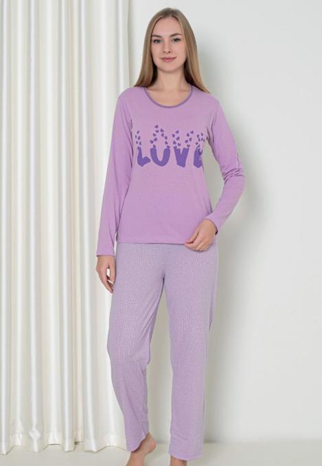 Pijama damă cu mânecă lungă și pantaloni lungi, imprimeu ,,Love'', culoare mov, Engros