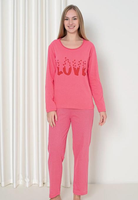 Pijama damă cu mânecă lungă și pantaloni lungi, imprimeu ,,Love'', culoare roz, Engros