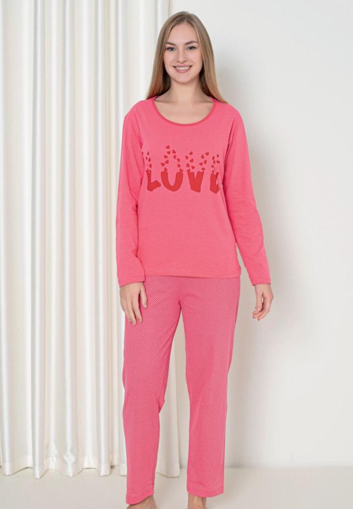 Pijama damă cu mânecă lungă și pantaloni lungi, imprimeu ,,Love'', culoare roz, Engros