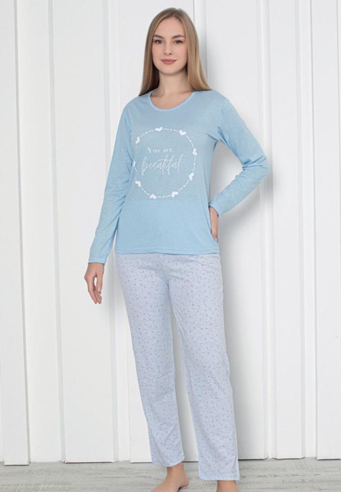 Pijama damă cu mânecă lungă și pantaloni lungi, imprimeu ,,You Are Beautiful'', culoare albastru, Engros