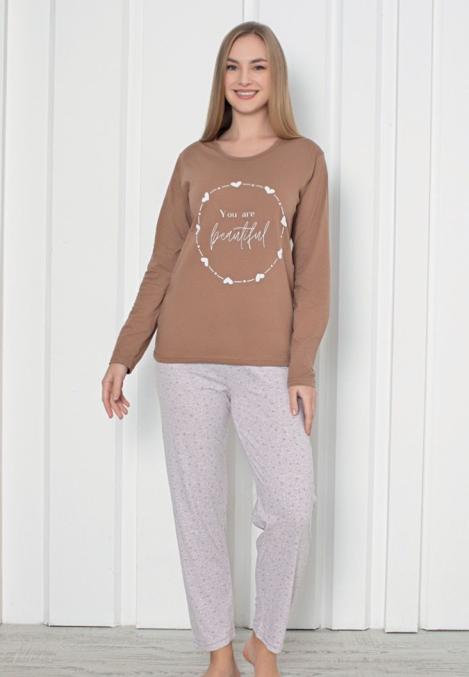 Pijama damă cu mânecă lungă și pantaloni lungi, imprimeu ,,You Are Beautiful'', culoare maro, Engros
