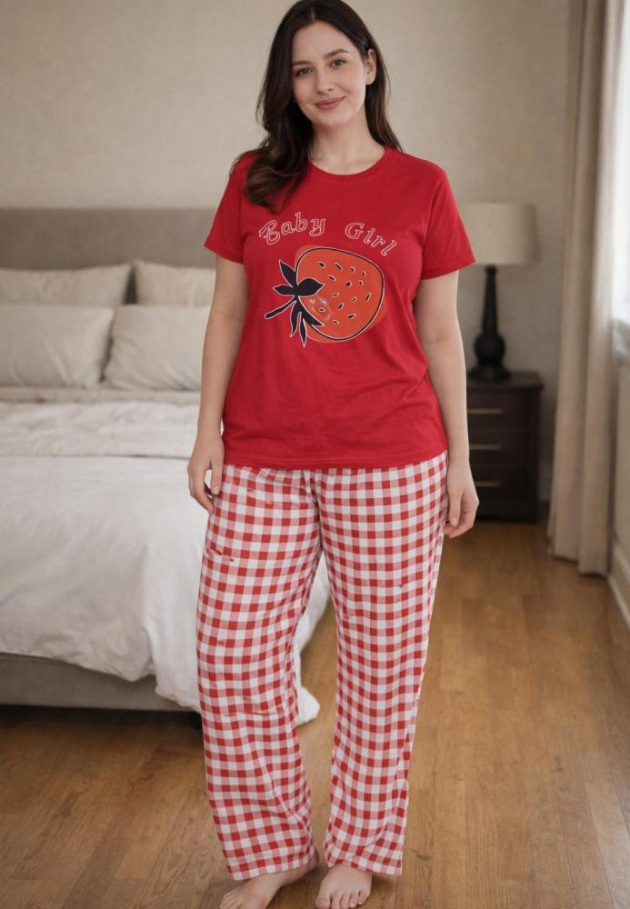 Pijama dama cu maneca scurta si pantalon lung, culoare rosu ,Engros