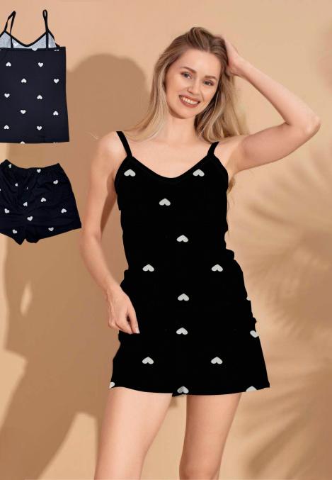 Pijama Damă, Maiou și Short, Imprimeu Inimi,Culoare Negru, Engros
