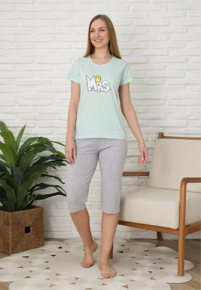 Pijama damă Engros, Mânecă scurtă și Pantaloni 3/4, Verde, Imrpimeu MRS