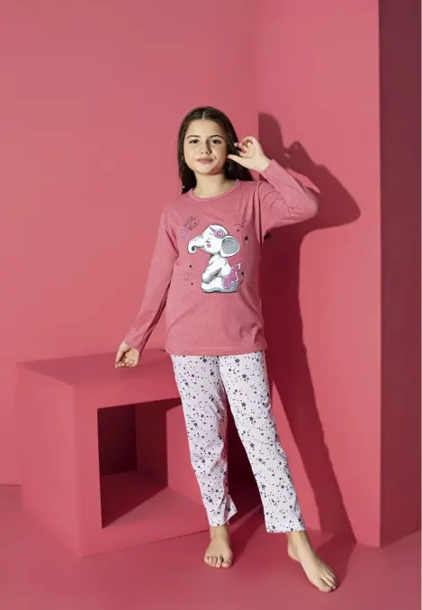 Pijama Fete, Mânecă Lungă, Imprimeu Elefant, Roz Deschis,Engros