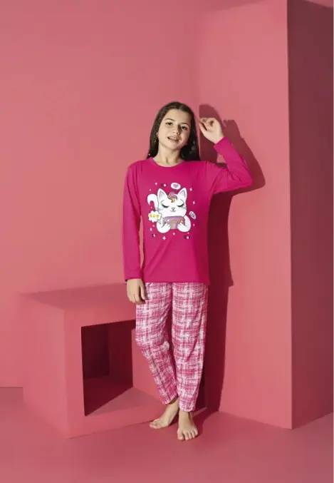 Pijama Fete, Mânecă Lungă, Pantaloni Lungi, Imprimeu Pisicuta, Culoare Roz, Engros