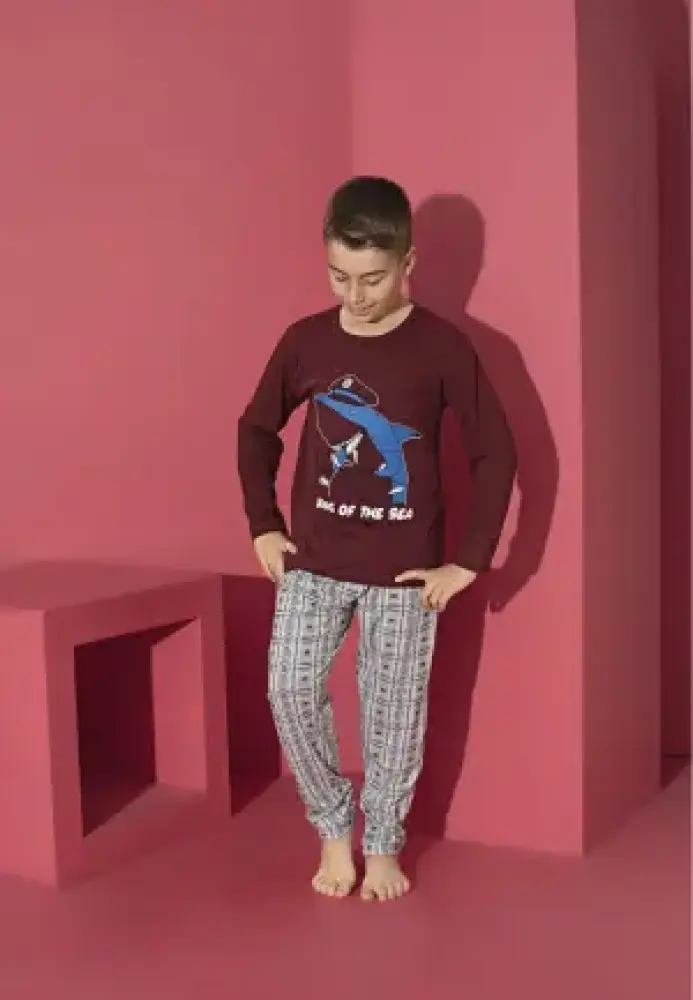 Pijama Băieți cu Mânecă Lungă și Pantaloni Lungi, Imprimeu King Of The Sea,Culoare Bordo,Engros