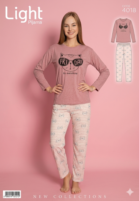 Pijamle, dama cu maneca lunga, ,roz, imprimeu pisica ,Engros