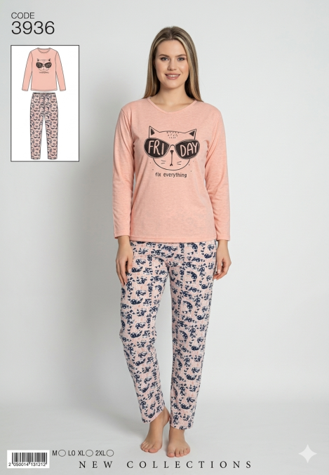 Pijamle, dama cu maneca lunga,cu imprimeu,ursulet negru,Engros
