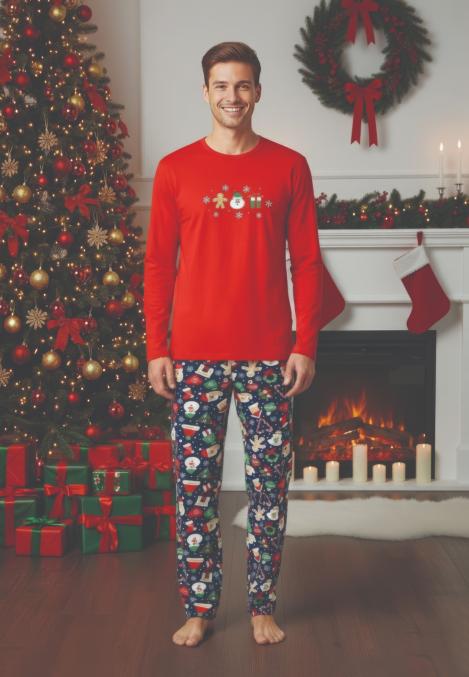 Pijama barbati Craciun,maneca lunga si pantaloni lungi,imprimeu figurine festive,En-gros