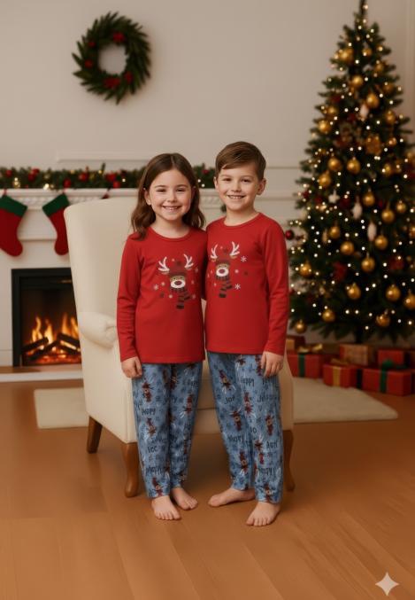 Pijamale de Craciun de copii,cu maneci si pantaloni lungi ,imprimeu ren ,En-gros