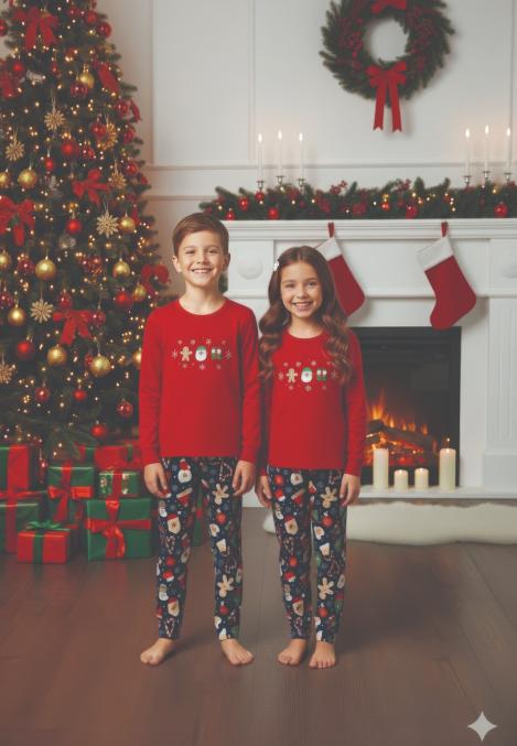 Pijamale de Craciun de copii,cu maneci si pantaloni lungi ,imprimeu emoji craciun,En-gros