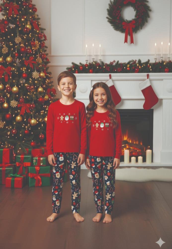 Pijamale de Craciun de copii,cu maneci si pantaloni lungi ,imprimeu emoji craciun,En-gros