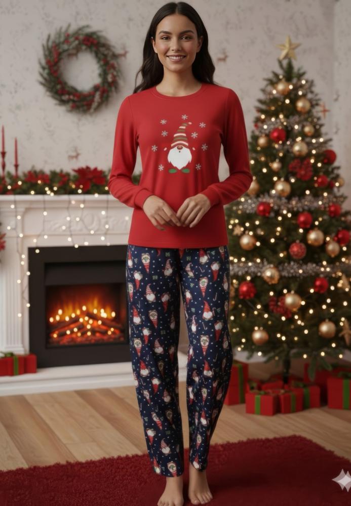 Pijama dama Craciun cu maneca si pantaloni lungi ,imprimeu mos ,En-gros