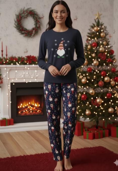 Pijama dama Craciun cu maneca si pantaloni lungi ,imprimeu mos ,En-gros