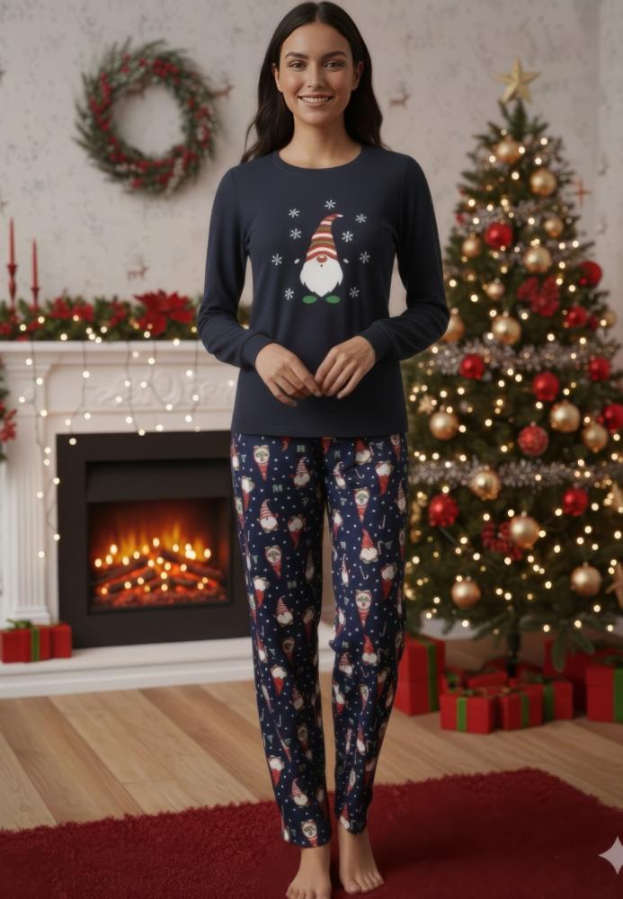 Pijama dama Craciun cu maneca si pantaloni lungi ,imprimeu mos ,En-gros