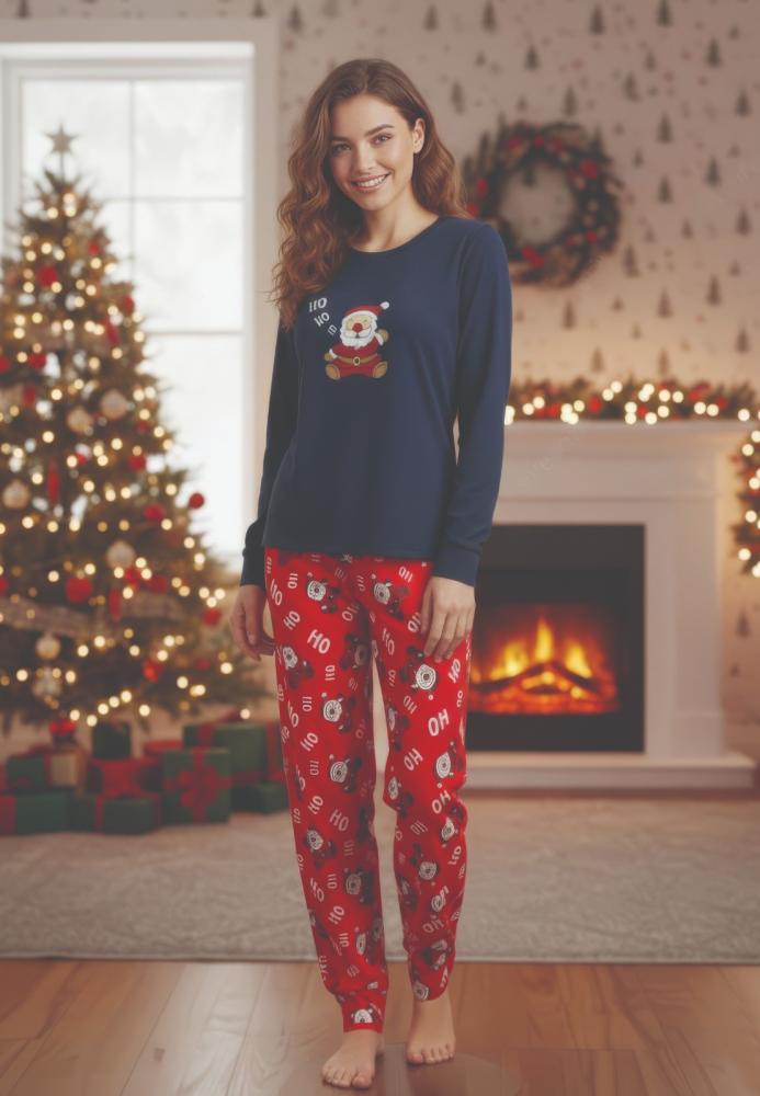 Pijama dama Craciun cu maneca si pantaloni lungi ,imprimeu mos ,En-gros