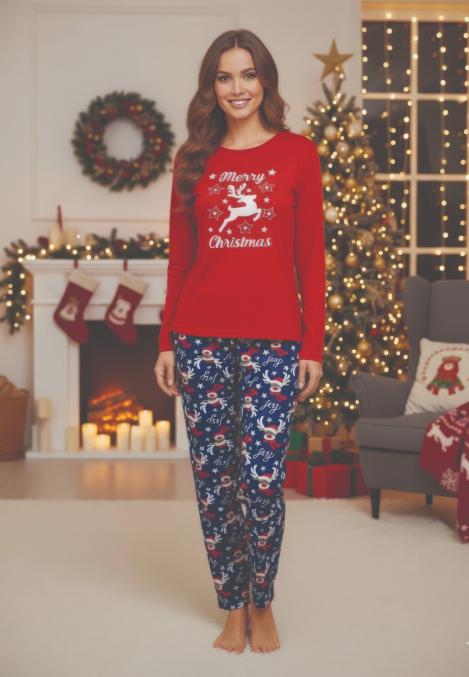Pijama dama Craciun,maneca lunga si pantaloni lungi,imprimeu ren, En-gros
