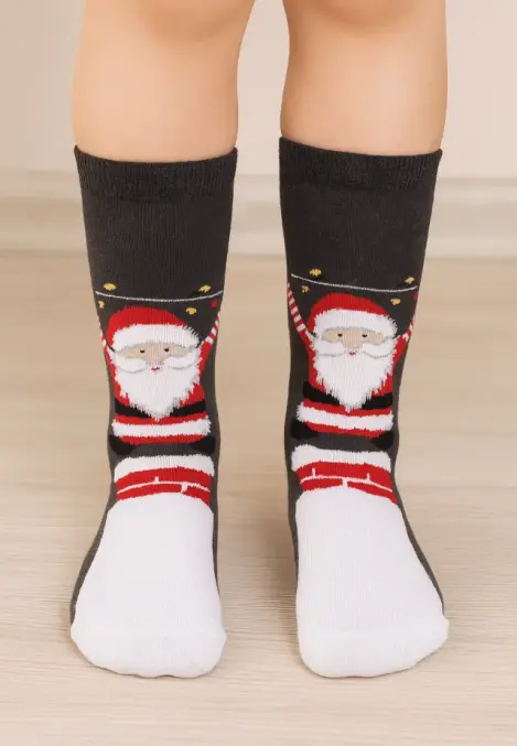 Sosete Craciun Copii,Interior tip prosop,Imprimeu Mos Craciun,Engros