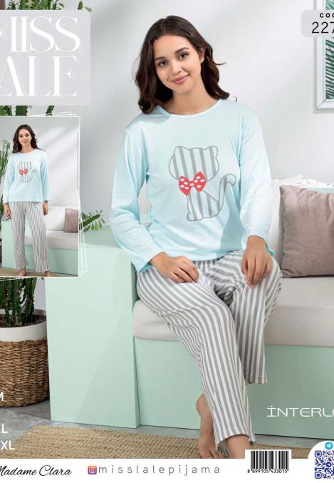 Pijama dama interlok,Culoare bleu ,Imprimeu pisica ,En-gros