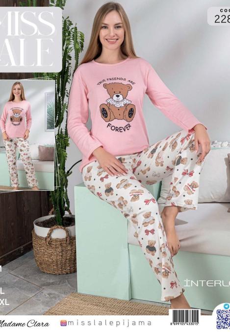 Pijama dama interlok,Culoare Roz ,Imprimeu ursuleți,En-gros