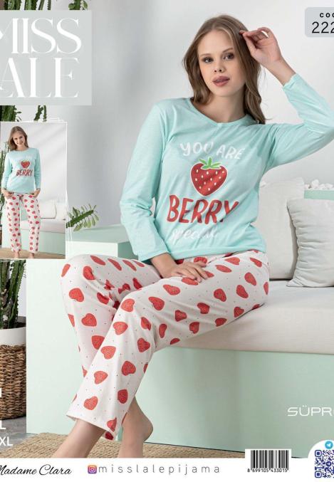 Pijama dama suprem,Culoare bleu ,Imprimeu capsuna ,En-gros