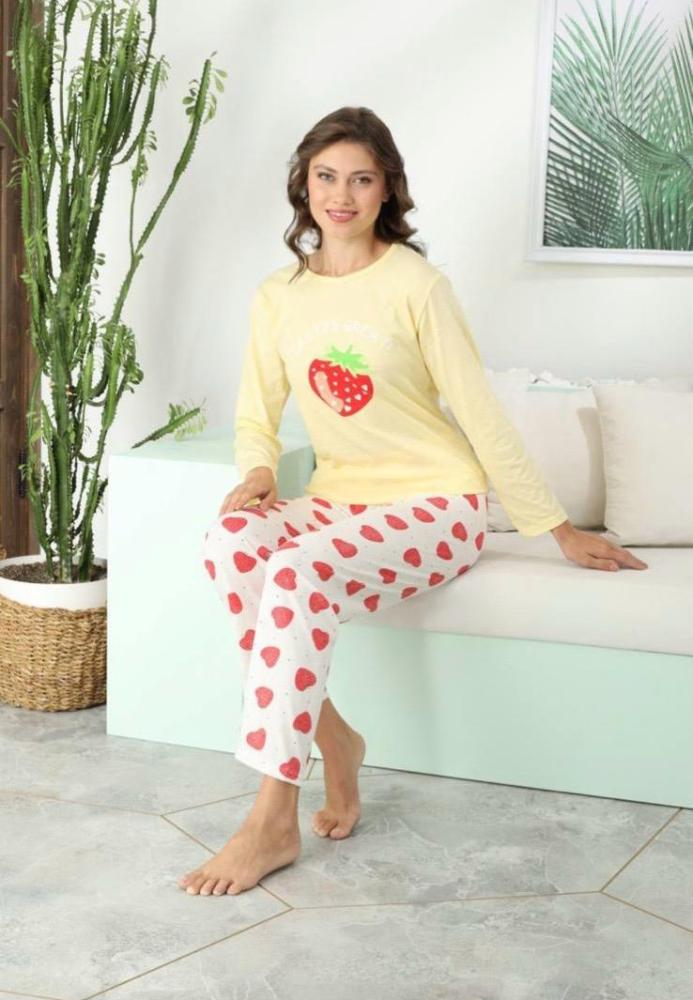 Pijama dama din suprem,Culoare Galben,Imprimeu Capsuna,En-gros