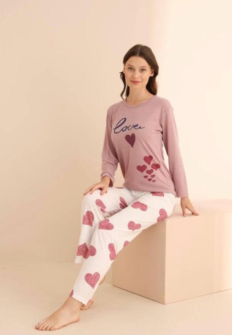 Pijama dama din suprem,Culoare roz pudrat ,Imprimeu Love,En-gros