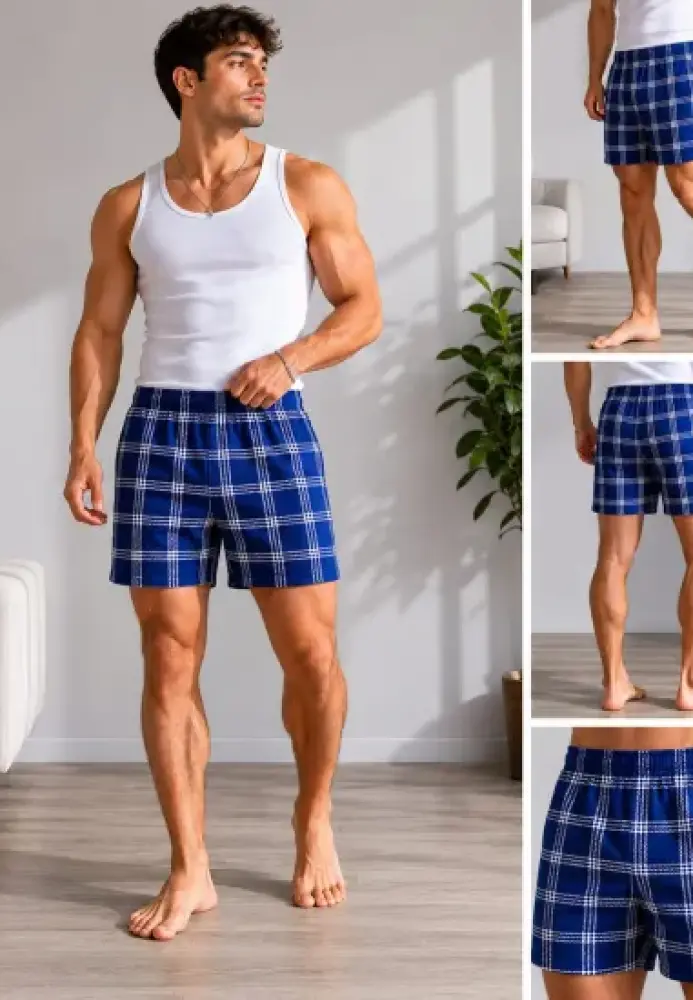 Pantaloni de pijama barbati scurti Serena ,culoare bleumarin in carouri ,Engros