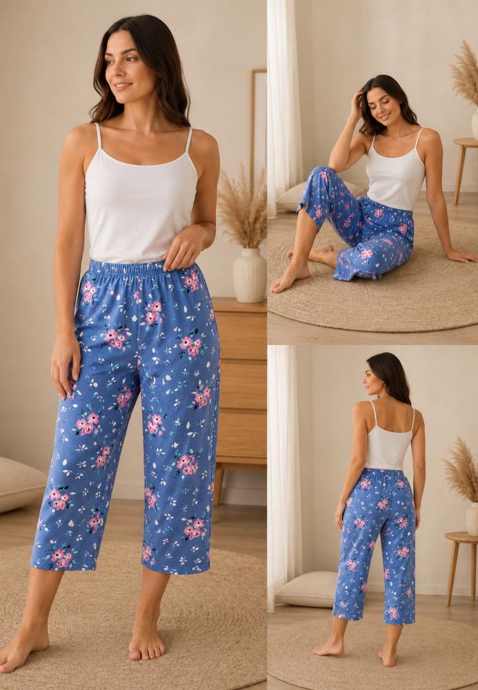Pantaloni pijama 3/4 dama ,culoare albastru cu roz ,Engros