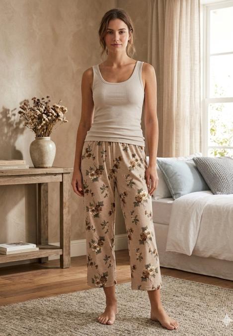Pantaloni pijama 3/4 dama ,culoare crem ,Engros
